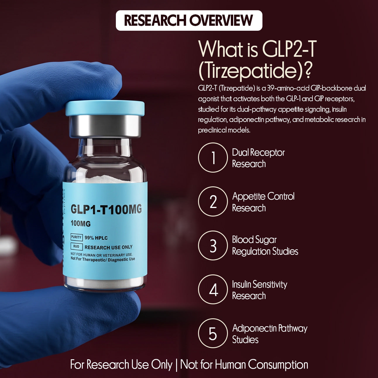 GLP1-T · 120mg Tirzepatide · Dual Receptor Agonist (GLP-1 + GIP) · Metabolic Research