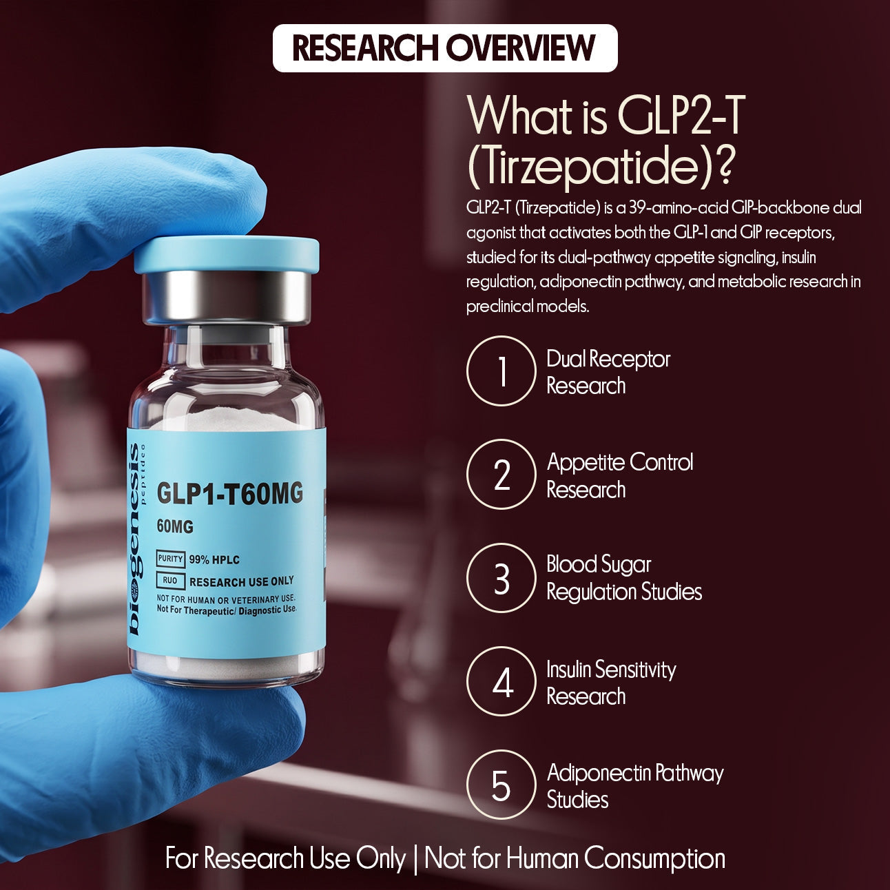 GLP1-T · 60mg Tirzepatide · Dual Receptor Agonist (GLP-1 + GIP) · Metabolic Research